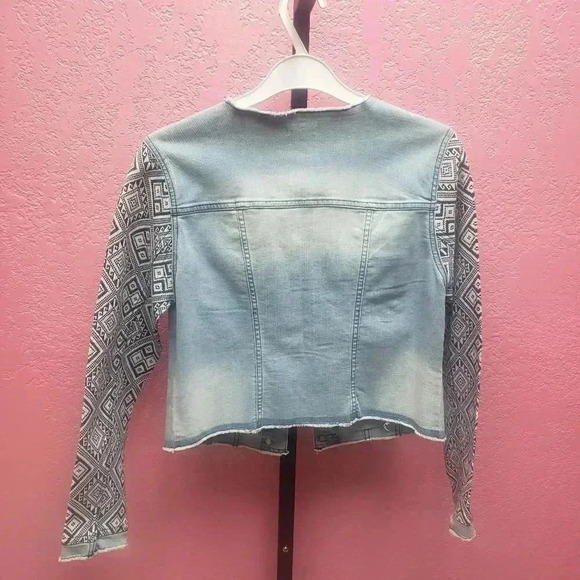 Tribal Raw Edge Jean Jacket with Combo Sleeves - Picture 2 of 6